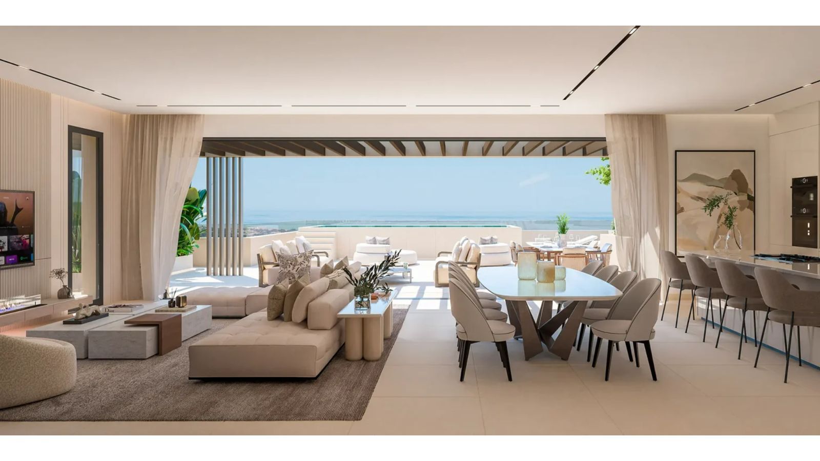 Moderne Villa mit offenem Wohnbereich und Meerblick.